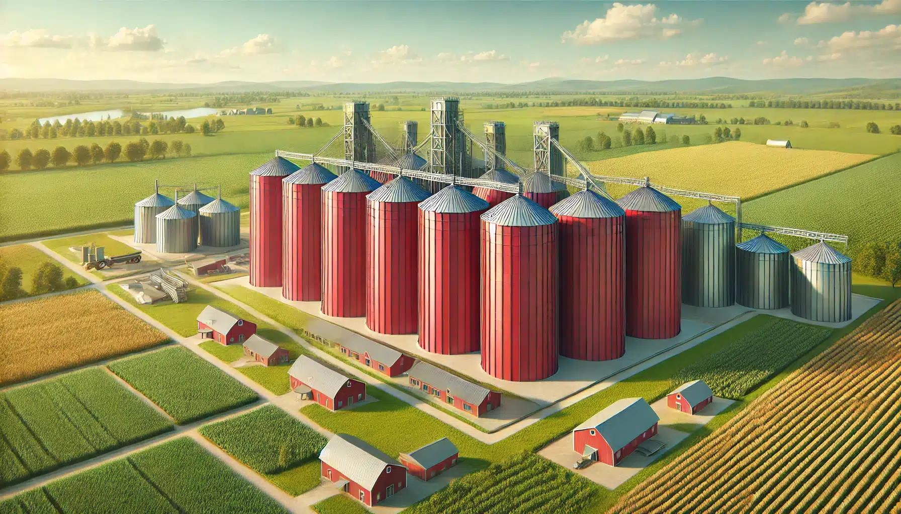 red grain storage silos